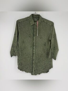 Kyla Seo Caite Karyn Jo Shirt Top Embroidered Flexible Dark Green NWT